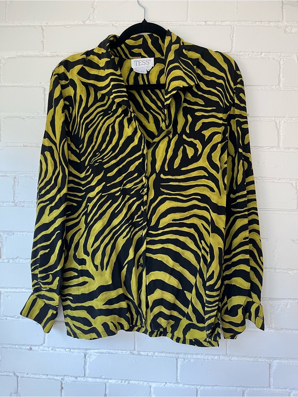 100% Silk Green-Toned Yellow & Black Zebra Print Button-Front Top